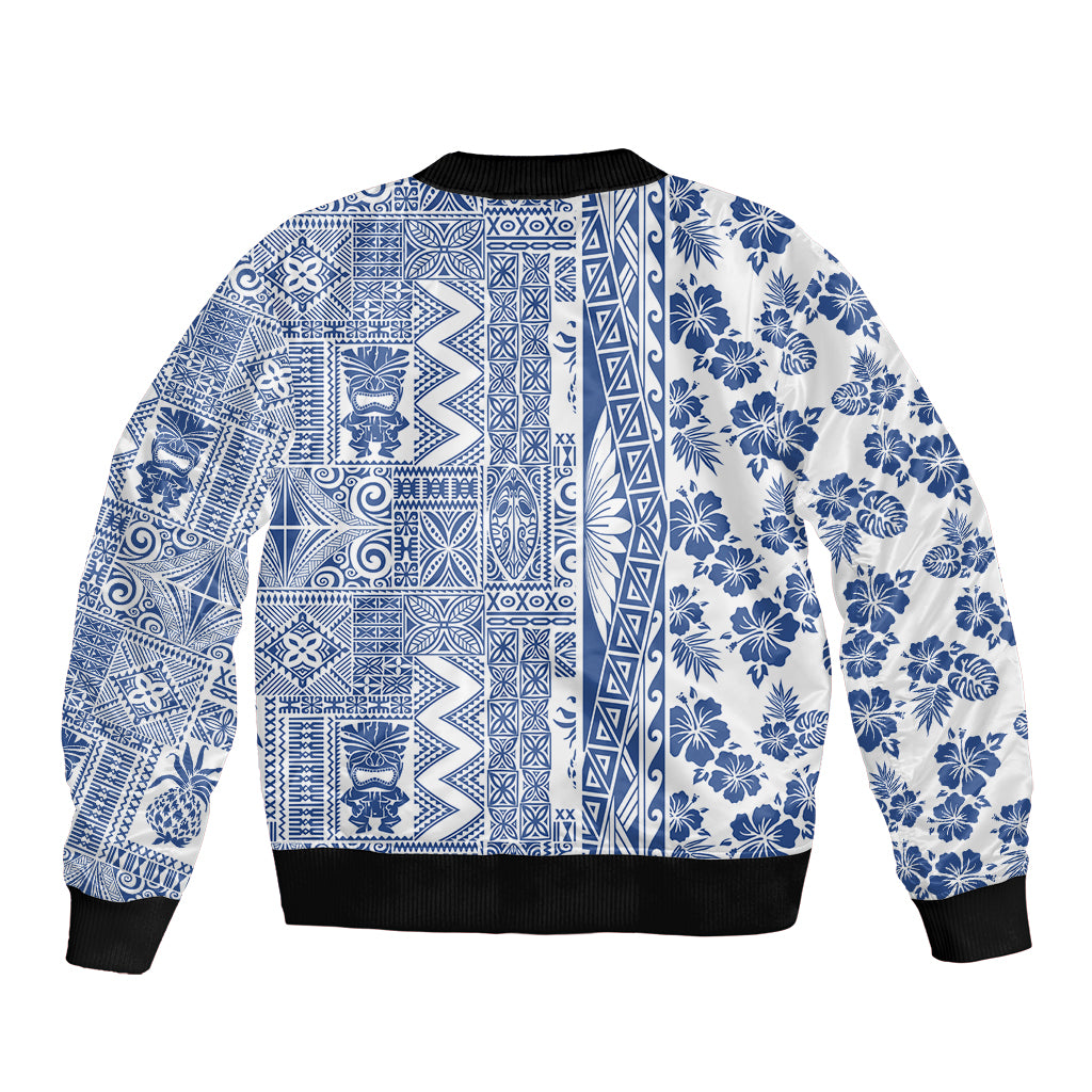 Hawaii Sleeve Zip Bomber Jacket Aloha Tropical Plants Tribal Pattern Blue Version LT03 - Polynesian Pride