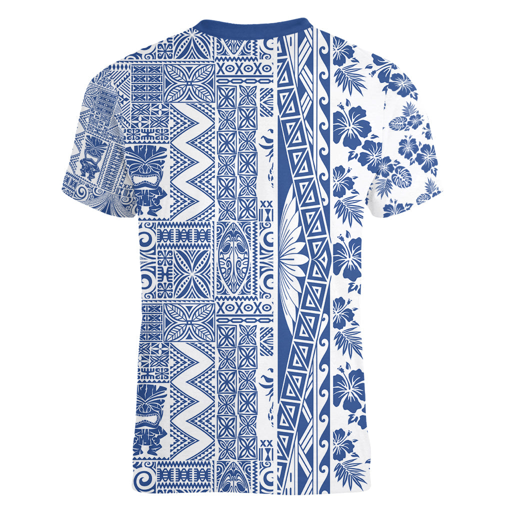 Hawaii Women V Neck T Shirt Aloha Tropical Plants Tribal Pattern Blue Version LT03 - Polynesian Pride