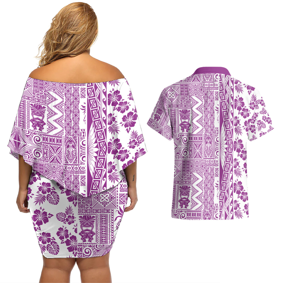 Hawaii Couples Matching Off Shoulder Short Dress and Hawaiian Shirt Aloha Tropical Plants Tribal Pattern Pink Version LT03 - Polynesian Pride