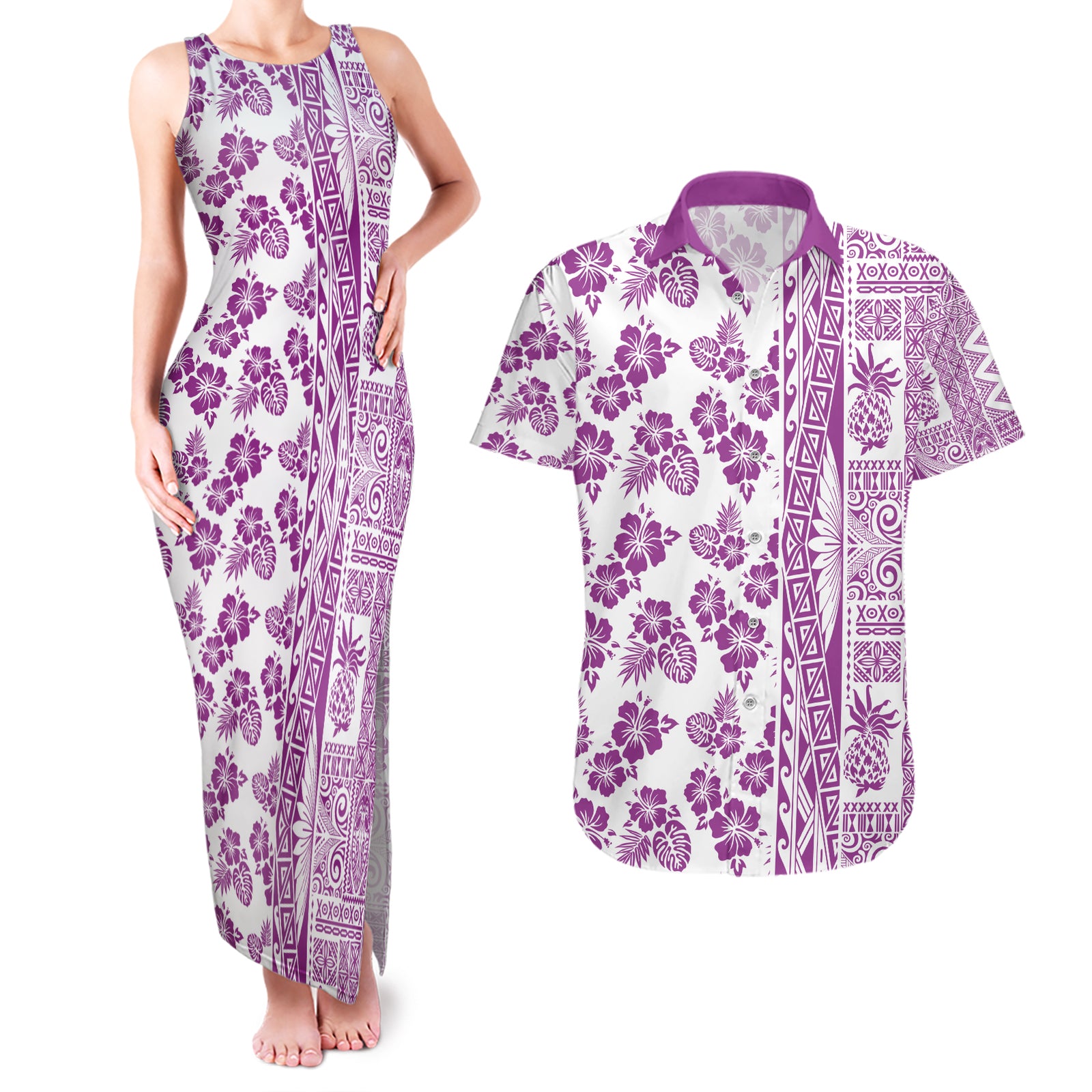 Hawaii Couples Matching Tank Maxi Dress and Hawaiian Shirt Aloha Tropical Plants Tribal Pattern Pink Version LT03 Pink - Polynesian Pride