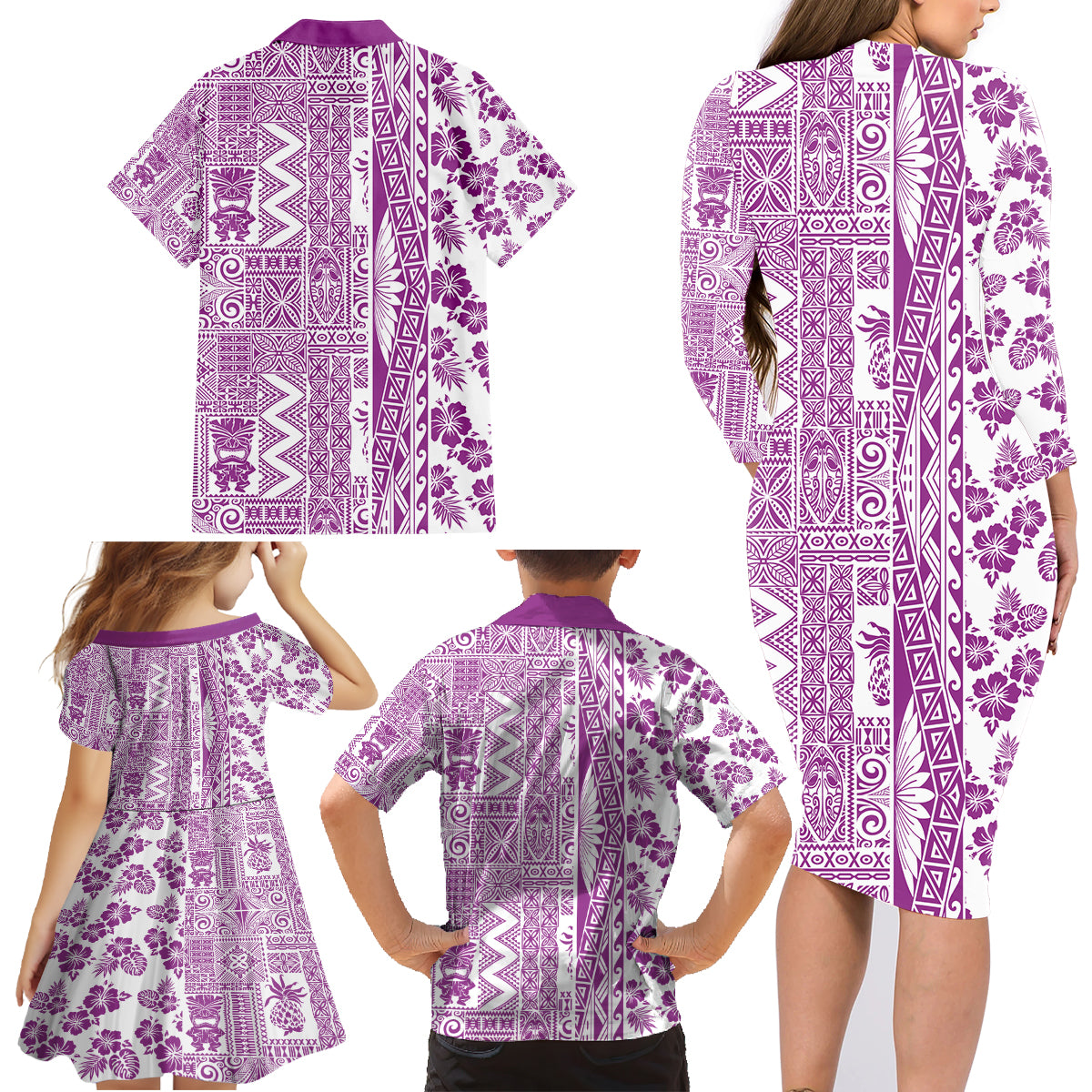 Hawaii Family Matching Long Sleeve Bodycon Dress and Hawaiian Shirt Aloha Tropical Plants Tribal Pattern Pink Version LT03 - Polynesian Pride