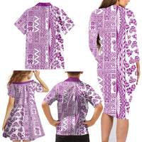 Hawaii Family Matching Long Sleeve Bodycon Dress and Hawaiian Shirt Aloha Tropical Plants Tribal Pattern Pink Version LT03 - Polynesian Pride