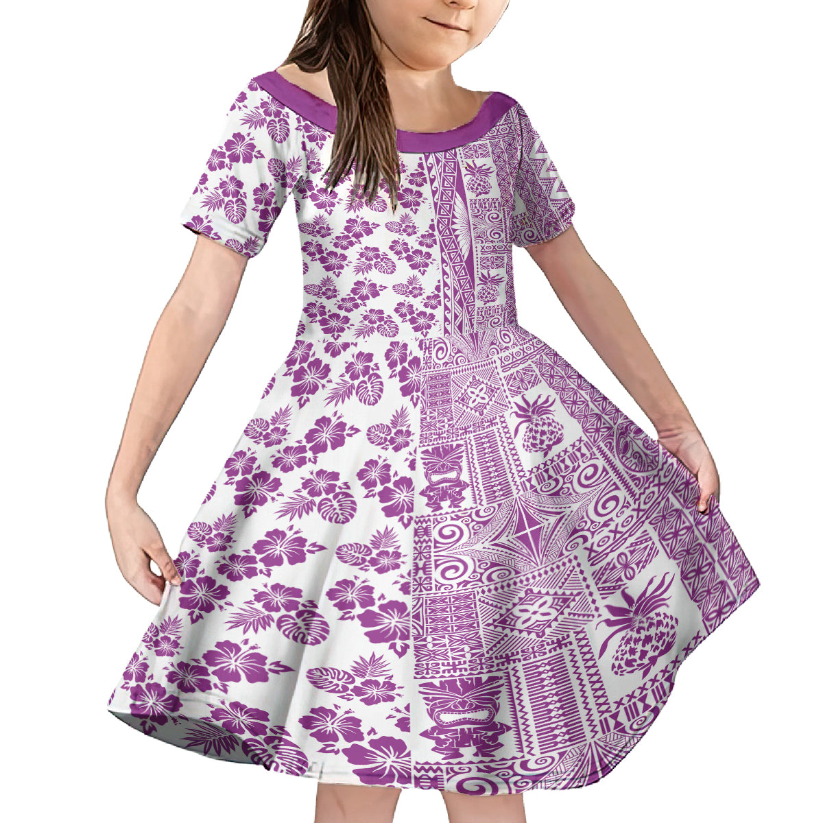 Hawaii Family Matching Off Shoulder Short Dress and Hawaiian Shirt Aloha Tropical Plants Tribal Pattern Pink Version LT03 Daughter's Dress Pink - Polynesian Pride