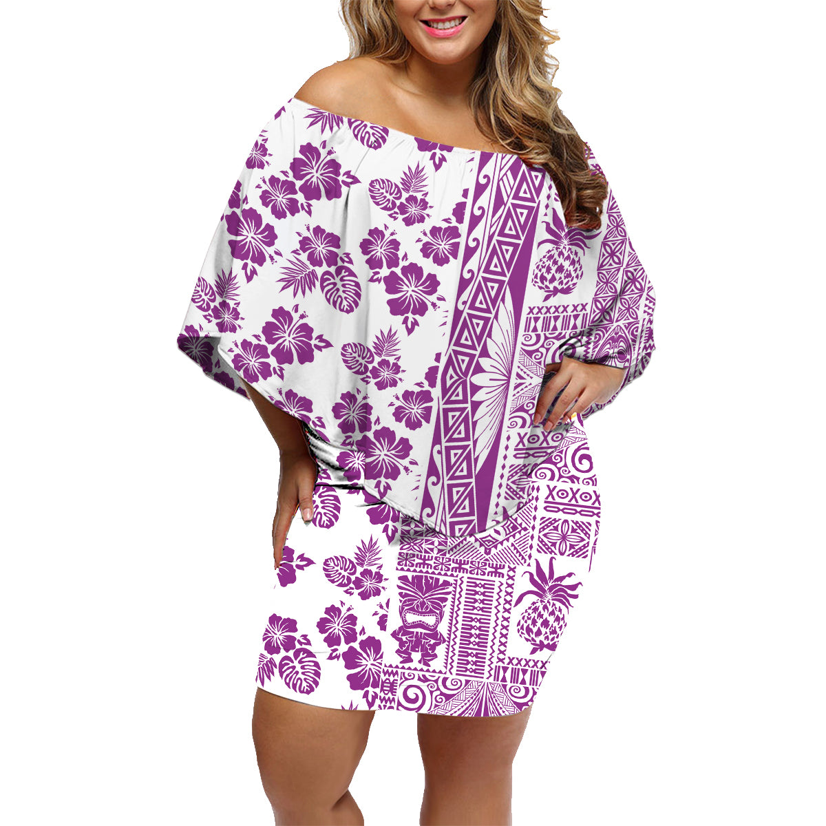 Hawaii Family Matching Off Shoulder Short Dress and Hawaiian Shirt Aloha Tropical Plants Tribal Pattern Pink Version LT03 Mom's Dress Pink - Polynesian Pride