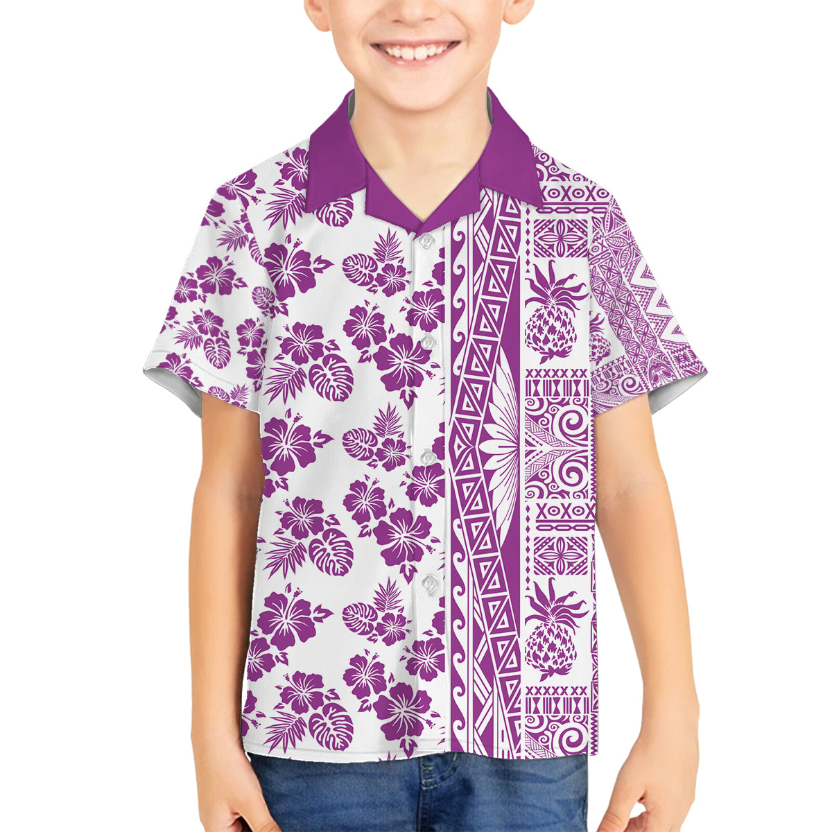 Hawaii Family Matching Off Shoulder Short Dress and Hawaiian Shirt Aloha Tropical Plants Tribal Pattern Pink Version LT03 Son's Shirt Pink - Polynesian Pride