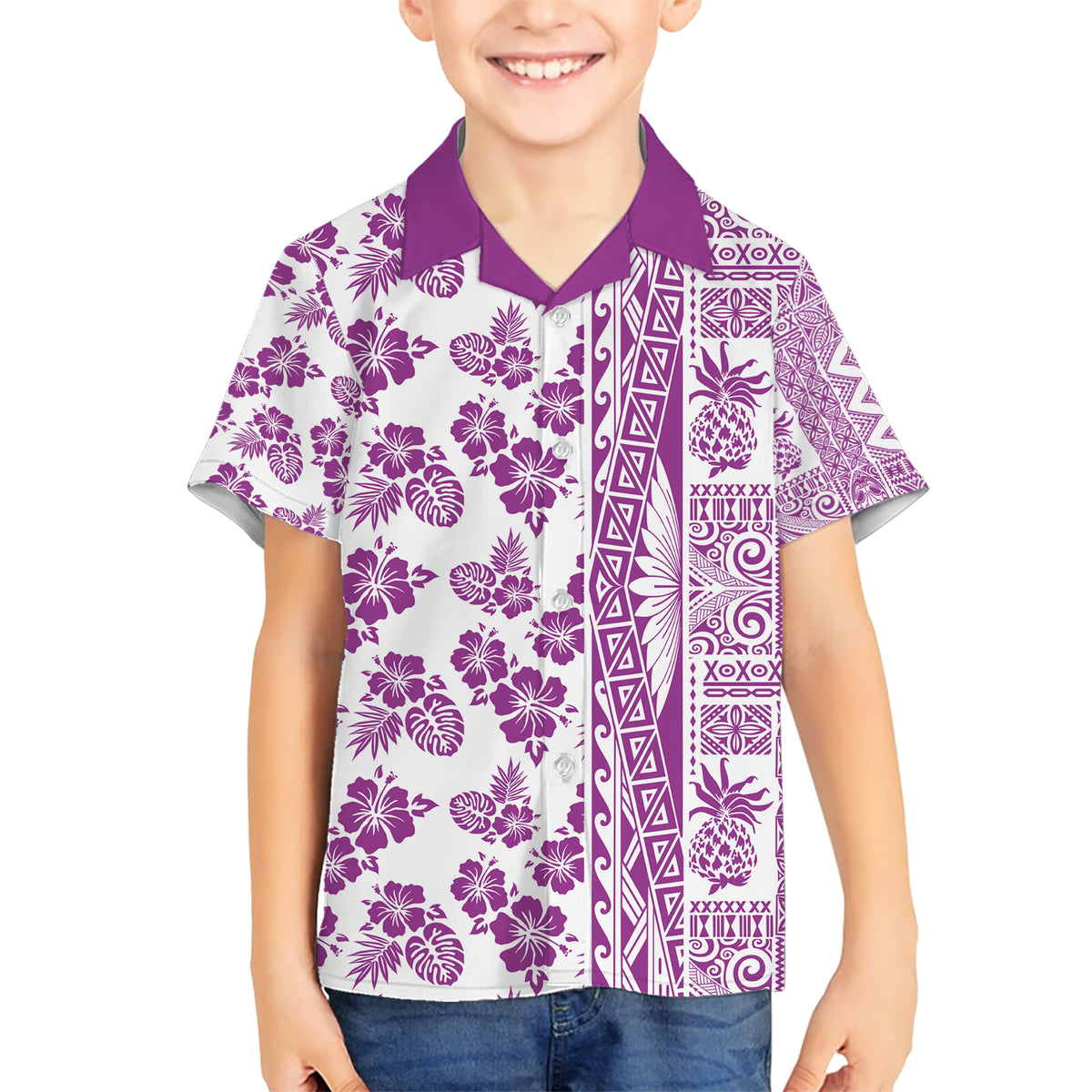 Hawaii Kid Hawaiian Shirt Aloha Tropical Plants Tribal Pattern Pink Version LT03 Kid Pink - Polynesian Pride