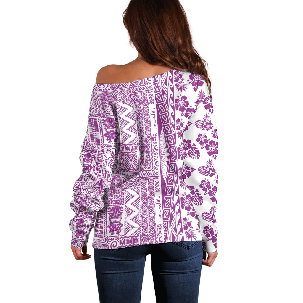 Hawaii Off Shoulder Sweater Aloha Tropical Plants Tribal Pattern Pink Version LT03 - Polynesian Pride