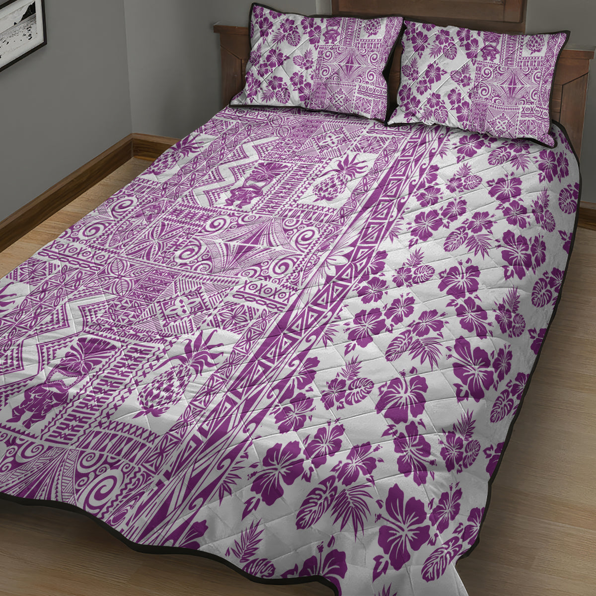 Hawaii Quilt Bed Set Aloha Tropical Plants Tribal Pattern Pink Version LT03 - Polynesian Pride