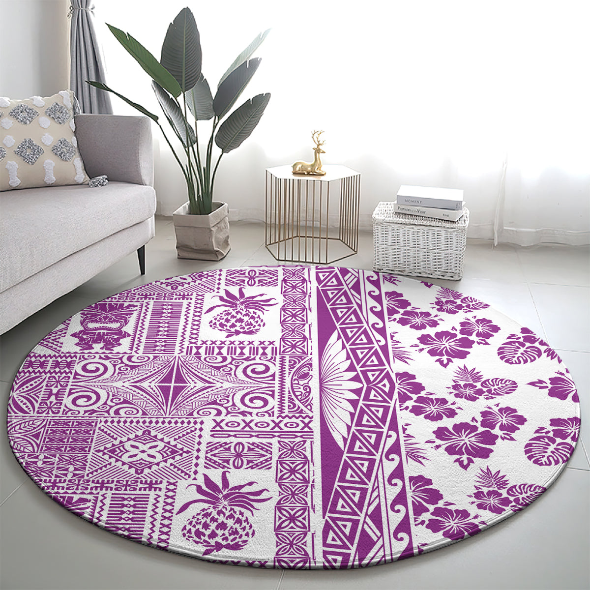 Hawaii Round Carpet Aloha Tropical Plants Tribal Pattern Pink Version LT03 - Polynesian Pride