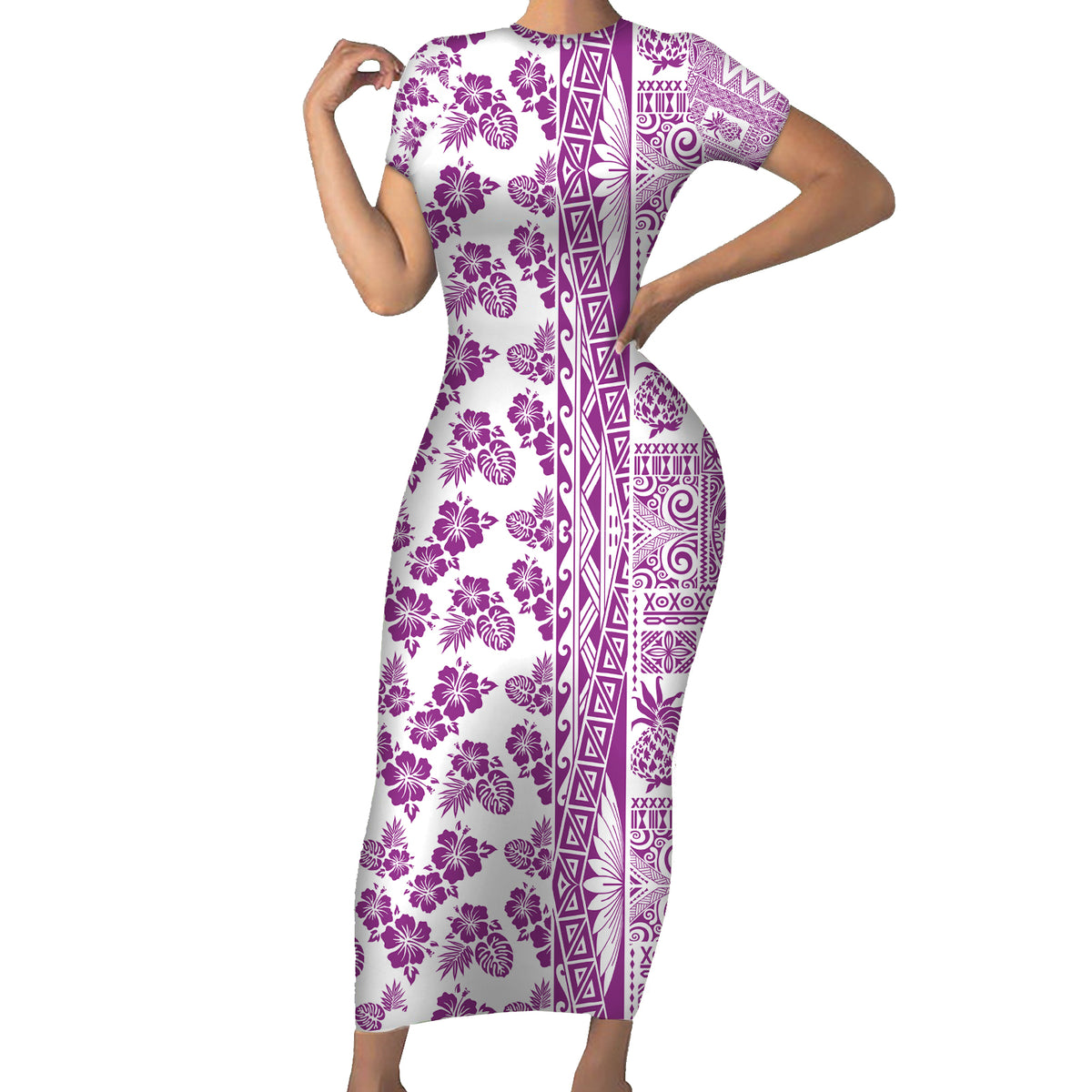 Hawaii Short Sleeve Bodycon Dress Aloha Tropical Plants Tribal Pattern Pink Version LT03 Long Dress Pink - Polynesian Pride