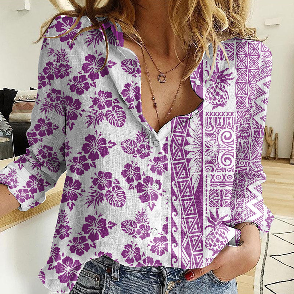 Hawaii Women Casual Shirt Aloha Tropical Plants Tribal Pattern Pink Version LT03 Female Pink - Polynesian Pride