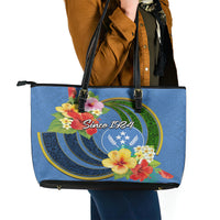 Kosrae Constitution Day Leather Tote Bag Hibiscus Mix Maori Tattoo Pattern LT03 - Polynesian Pride