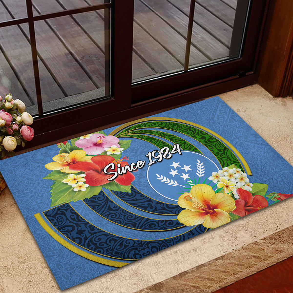 Kosrae Constitution Day Rubber Doormat Hibiscus Mix Maori Tattoo Pattern LT03 - Polynesian Pride