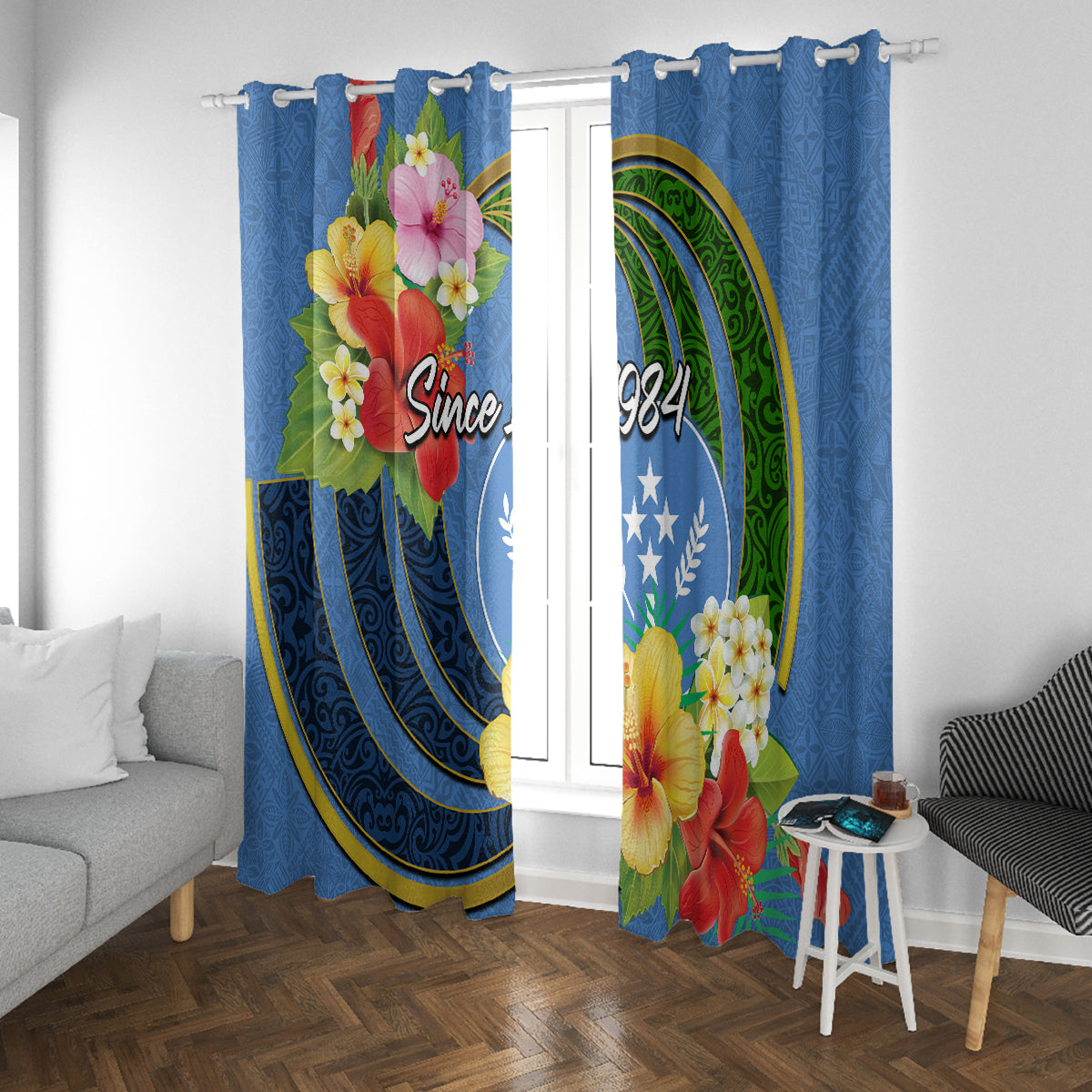 Kosrae Constitution Day Window Curtain Hibiscus Mix Maori Tattoo Pattern LT03 With Grommets Blue - Polynesian Pride