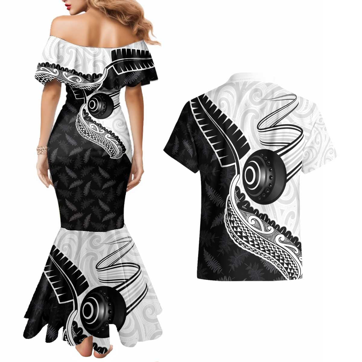 Personalised Aotearoa Lawn Bowls Couples Matching Mermaid Dress and Hawaiian Shirt Maori and Silver Fern Half Style LT03 - Polynesian Pride