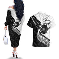 Personalised Aotearoa Lawn Bowls Couples Matching Off The Shoulder Long Sleeve Dress and Hawaiian Shirt Maori and Silver Fern Half Style LT03 - Polynesian Pride