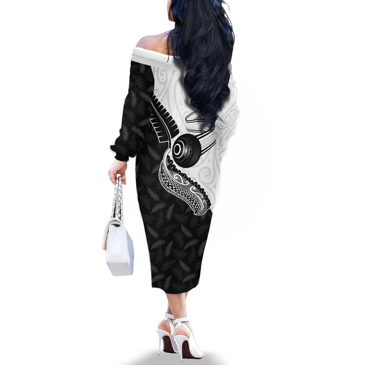 Personalised Aotearoa Lawn Bowls Family Matching Off The Shoulder Long Sleeve Dress and Hawaiian Shirt Maori and Silver Fern Half Style LT03 - Polynesian Pride