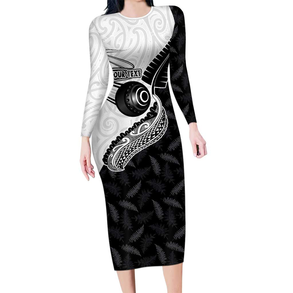 Personalised Aotearoa Lawn Bowls Long Sleeve Bodycon Dress Maori and Silver Fern Half Style - Polynesian Pride