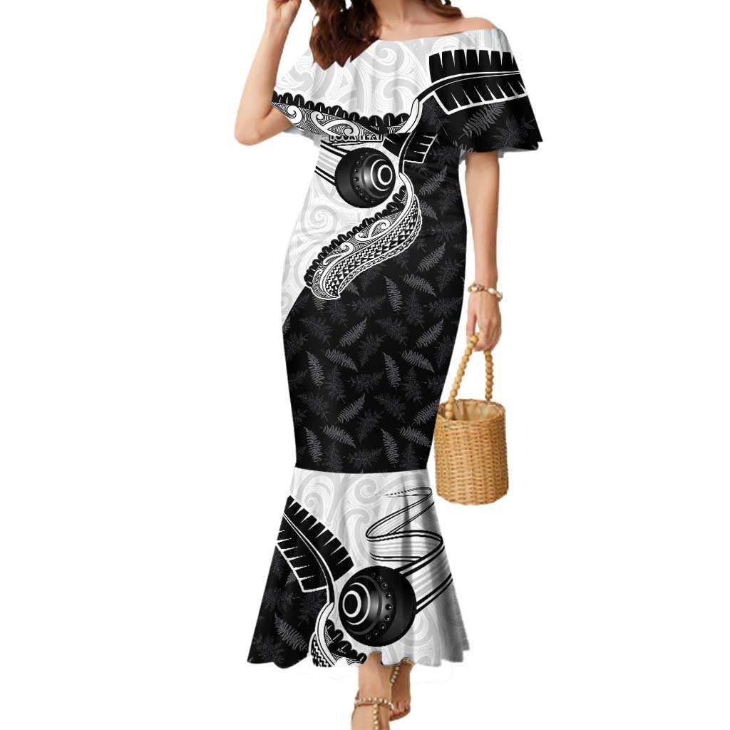 Personalised Aotearoa Lawn Bowls Mermaid Dress Maori and Silver Fern Half Style LT03 Women White - Polynesian Pride