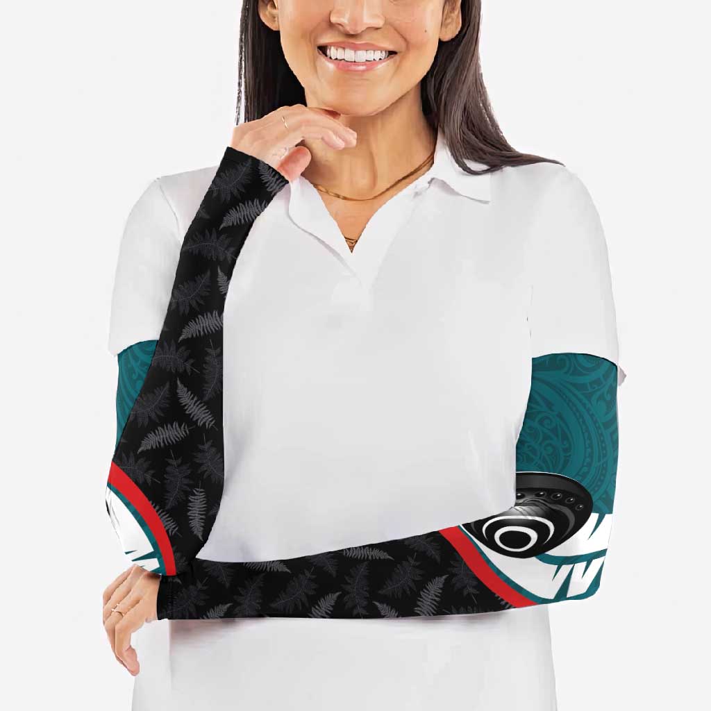 Personalised Aotearoa Lawn Bowls Arm Sleeves Maori and Silver Fern Sporty Style Teal Color - Polynesian Pride