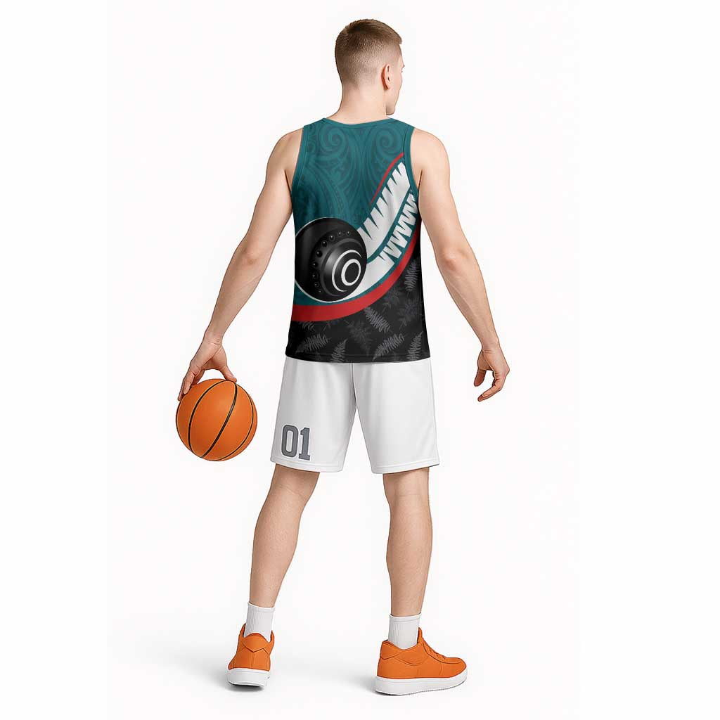 Personalised Aotearoa Lawn Bowls Basketball Jersey Maori and Silver Fern Sporty Style Teal Color LT03 - Polynesian Pride