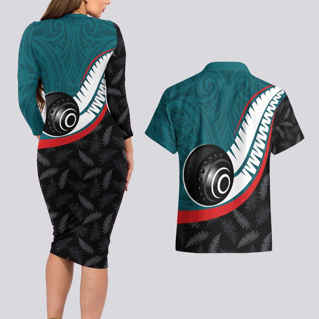Personalised Aotearoa Lawn Bowls Couples Matching Long Sleeve Bodycon Dress and Hawaiian Shirt Maori and Silver Fern Sporty Style Teal Color LT03 - Polynesian Pride