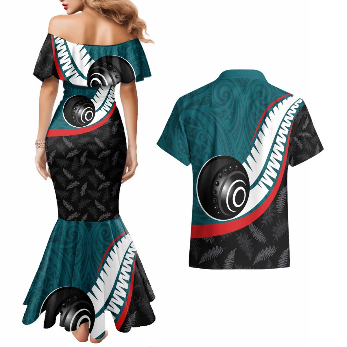 Personalised Aotearoa Lawn Bowls Couples Matching Mermaid Dress and Hawaiian Shirt Maori and Silver Fern Sporty Style Teal Color LT03 - Polynesian Pride