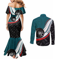 Personalised Aotearoa Lawn Bowls Couples Matching Mermaid Dress and Long Sleeve Button Shirt Maori and Silver Fern Sporty Style Teal Color LT03 - Polynesian Pride