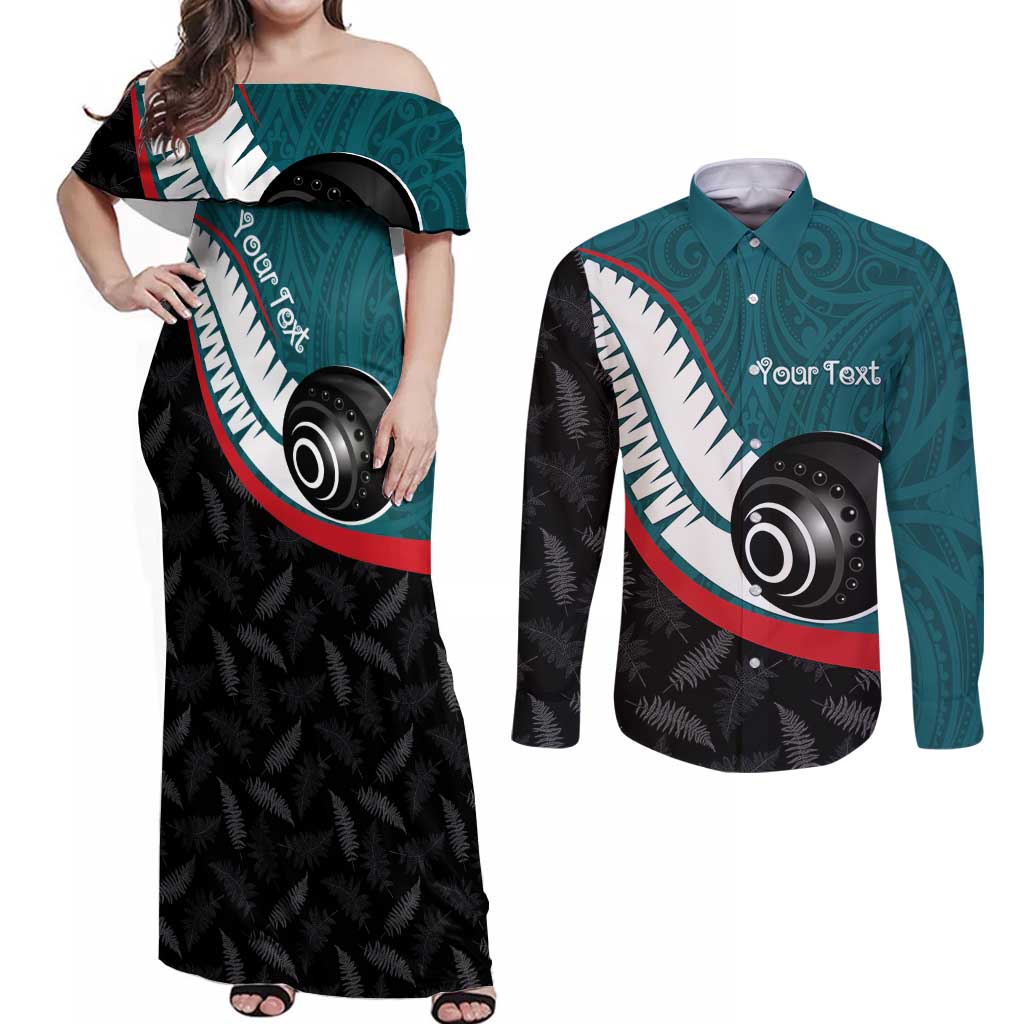 Personalised Aotearoa Lawn Bowls Couples Matching Off Shoulder Maxi Dress and Long Sleeve Button Shirt Maori and Silver Fern Sporty Style Teal Color LT03 Teal - Polynesian Pride