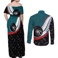 Personalised Aotearoa Lawn Bowls Couples Matching Off Shoulder Maxi Dress and Long Sleeve Button Shirt Maori and Silver Fern Sporty Style Teal Color LT03 - Polynesian Pride