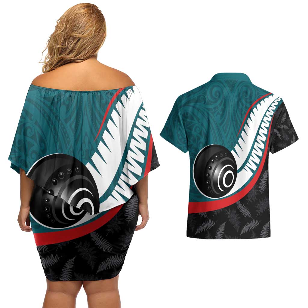 Personalised Aotearoa Lawn Bowls Couples Matching Off Shoulder Short Dress and Hawaiian Shirt Maori and Silver Fern Sporty Style Teal Color LT03 - Polynesian Pride