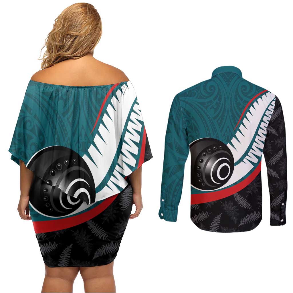 Personalised Aotearoa Lawn Bowls Couples Matching Off Shoulder Short Dress and Long Sleeve Button Shirt Maori and Silver Fern Sporty Style Teal Color LT03 - Polynesian Pride