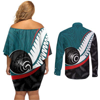 Personalised Aotearoa Lawn Bowls Couples Matching Off Shoulder Short Dress and Long Sleeve Button Shirt Maori and Silver Fern Sporty Style Teal Color LT03 - Polynesian Pride
