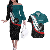 Personalised Aotearoa Lawn Bowls Couples Matching Off The Shoulder Long Sleeve Dress and Hawaiian Shirt Maori and Silver Fern Sporty Style Teal Color LT03 Teal - Polynesian Pride