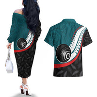 Personalised Aotearoa Lawn Bowls Couples Matching Off The Shoulder Long Sleeve Dress and Hawaiian Shirt Maori and Silver Fern Sporty Style Teal Color LT03 - Polynesian Pride