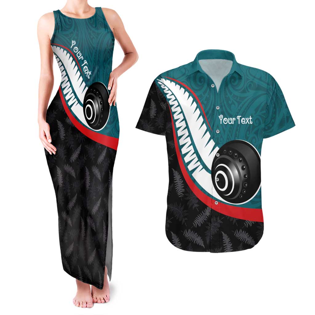 Personalised Aotearoa Lawn Bowls Couples Matching Tank Maxi Dress and Hawaiian Shirt Maori and Silver Fern Sporty Style Teal Color LT03 Teal - Polynesian Pride