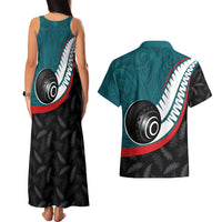 Personalised Aotearoa Lawn Bowls Couples Matching Tank Maxi Dress and Hawaiian Shirt Maori and Silver Fern Sporty Style Teal Color LT03 - Polynesian Pride