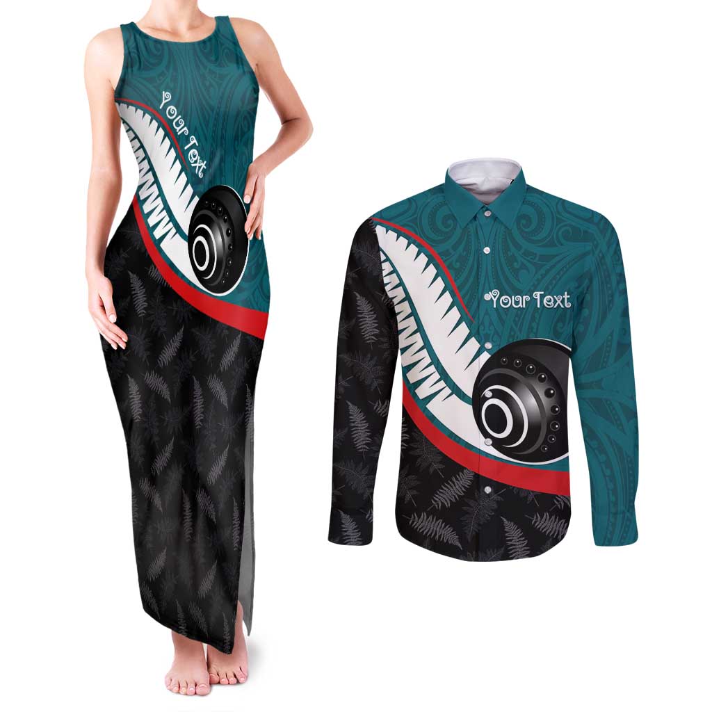 Personalised Aotearoa Lawn Bowls Couples Matching Tank Maxi Dress and Long Sleeve Button Shirt Maori and Silver Fern Sporty Style Teal Color LT03 Teal - Polynesian Pride