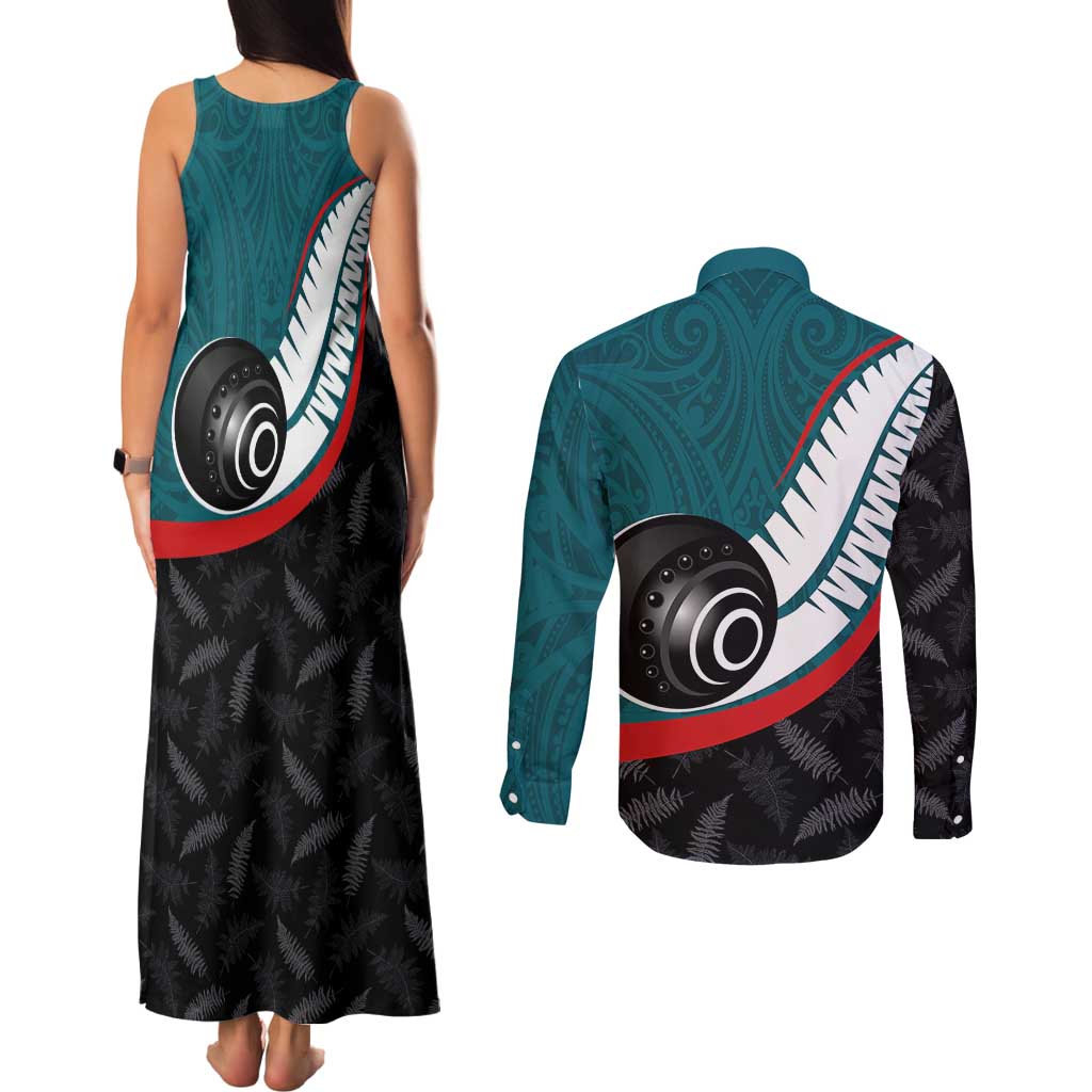 Personalised Aotearoa Lawn Bowls Couples Matching Tank Maxi Dress and Long Sleeve Button Shirt Maori and Silver Fern Sporty Style Teal Color LT03 - Polynesian Pride