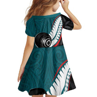 Personalised Aotearoa Lawn Bowls Family Matching Long Sleeve Bodycon Dress and Hawaiian Shirt Maori and Silver Fern Sporty Style Teal Color LT03 - Polynesian Pride