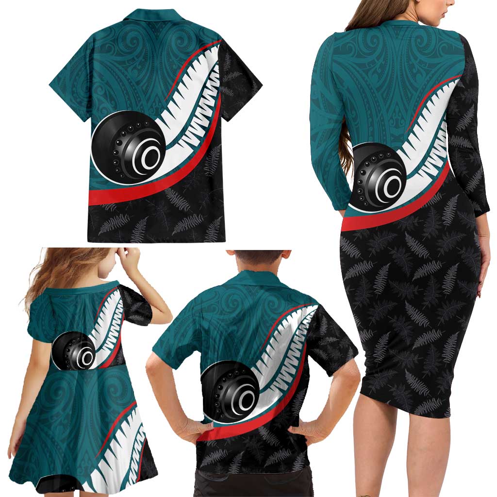 Personalised Aotearoa Lawn Bowls Family Matching Long Sleeve Bodycon Dress and Hawaiian Shirt Maori and Silver Fern Sporty Style Teal Color LT03 - Polynesian Pride