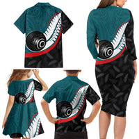 Personalised Aotearoa Lawn Bowls Family Matching Long Sleeve Bodycon Dress and Hawaiian Shirt Maori and Silver Fern Sporty Style Teal Color LT03 - Polynesian Pride