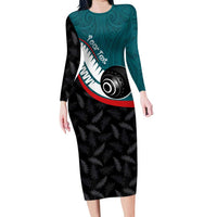 Personalised Aotearoa Lawn Bowls Family Matching Long Sleeve Bodycon Dress and Hawaiian Shirt Maori and Silver Fern Sporty Style Teal Color LT03 Mom's Dress Teal - Polynesian Pride