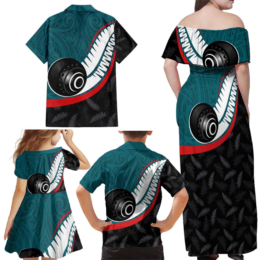 Personalised Aotearoa Lawn Bowls Family Matching Off Shoulder Maxi Dress and Hawaiian Shirt Maori and Silver Fern Sporty Style Teal Color LT03 - Polynesian Pride
