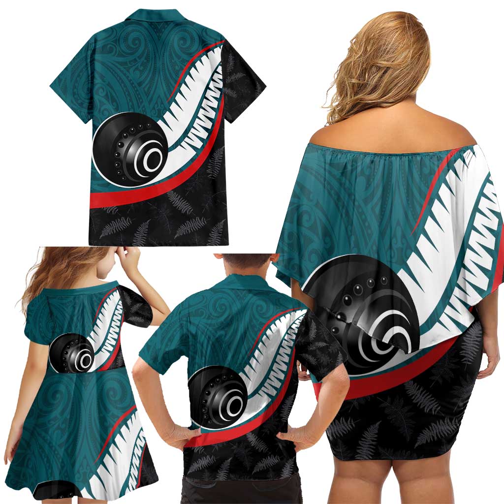 Personalised Aotearoa Lawn Bowls Family Matching Off Shoulder Short Dress and Hawaiian Shirt Maori and Silver Fern Sporty Style Teal Color LT03 - Polynesian Pride