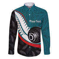 Personalised Aotearoa Lawn Bowls Family Matching Off Shoulder Short Dress and Hawaiian Shirt Maori and Silver Fern Sporty Style Teal Color LT03 Dad's Shirt - Long Sleeve Teal - Polynesian Pride