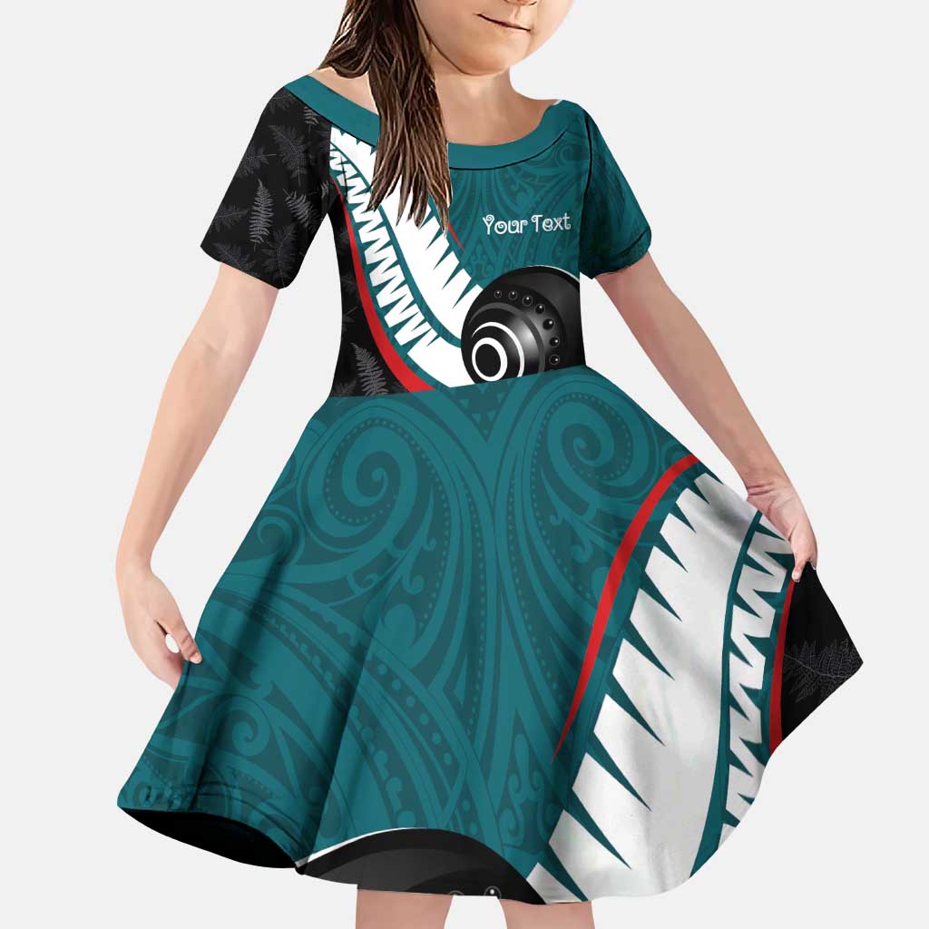 Personalised Aotearoa Lawn Bowls Family Matching Puletasi and Hawaiian Shirt Maori and Silver Fern Sporty Style Teal Color LT03 Daughter's Dress Teal - Polynesian Pride