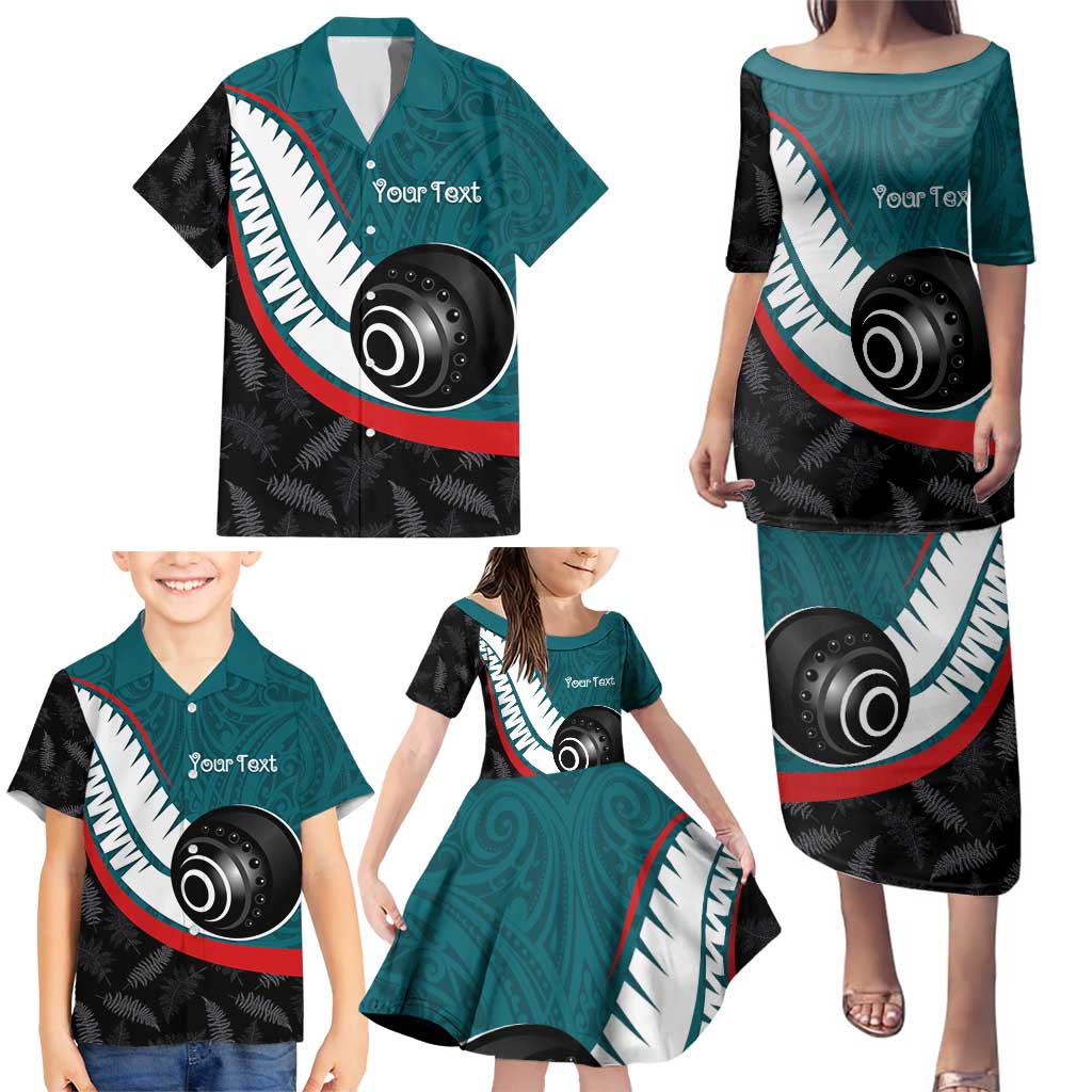 Personalised Aotearoa Lawn Bowls Family Matching Puletasi and Hawaiian Shirt Maori and Silver Fern Sporty Style Teal Color LT03 - Polynesian Pride