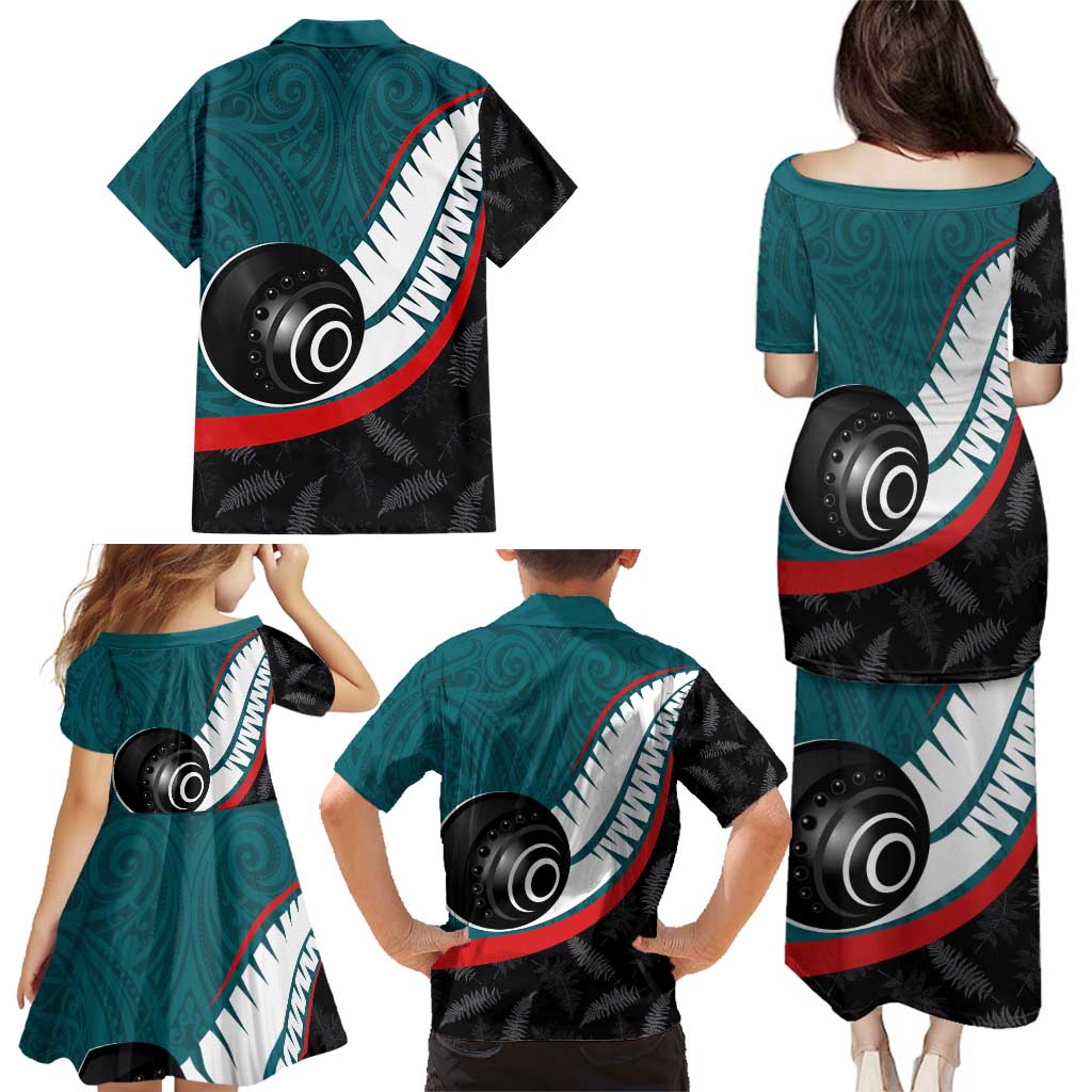 Personalised Aotearoa Lawn Bowls Family Matching Puletasi and Hawaiian Shirt Maori and Silver Fern Sporty Style Teal Color LT03 - Polynesian Pride