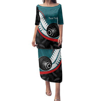Personalised Aotearoa Lawn Bowls Family Matching Puletasi and Hawaiian Shirt Maori and Silver Fern Sporty Style Teal Color LT03 Mom's Dress Teal - Polynesian Pride